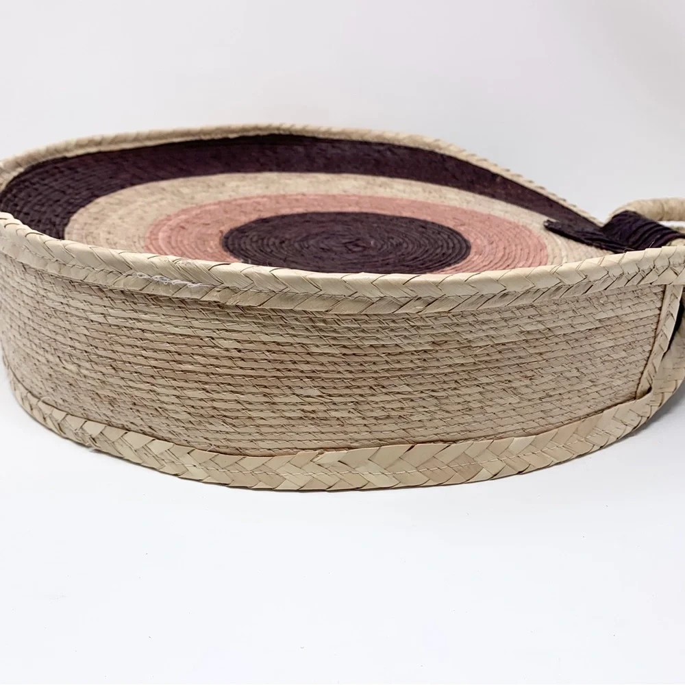 MISA Los Angeles Mykonos Circle Circular Straw Tote Bag Natural Purple Pink